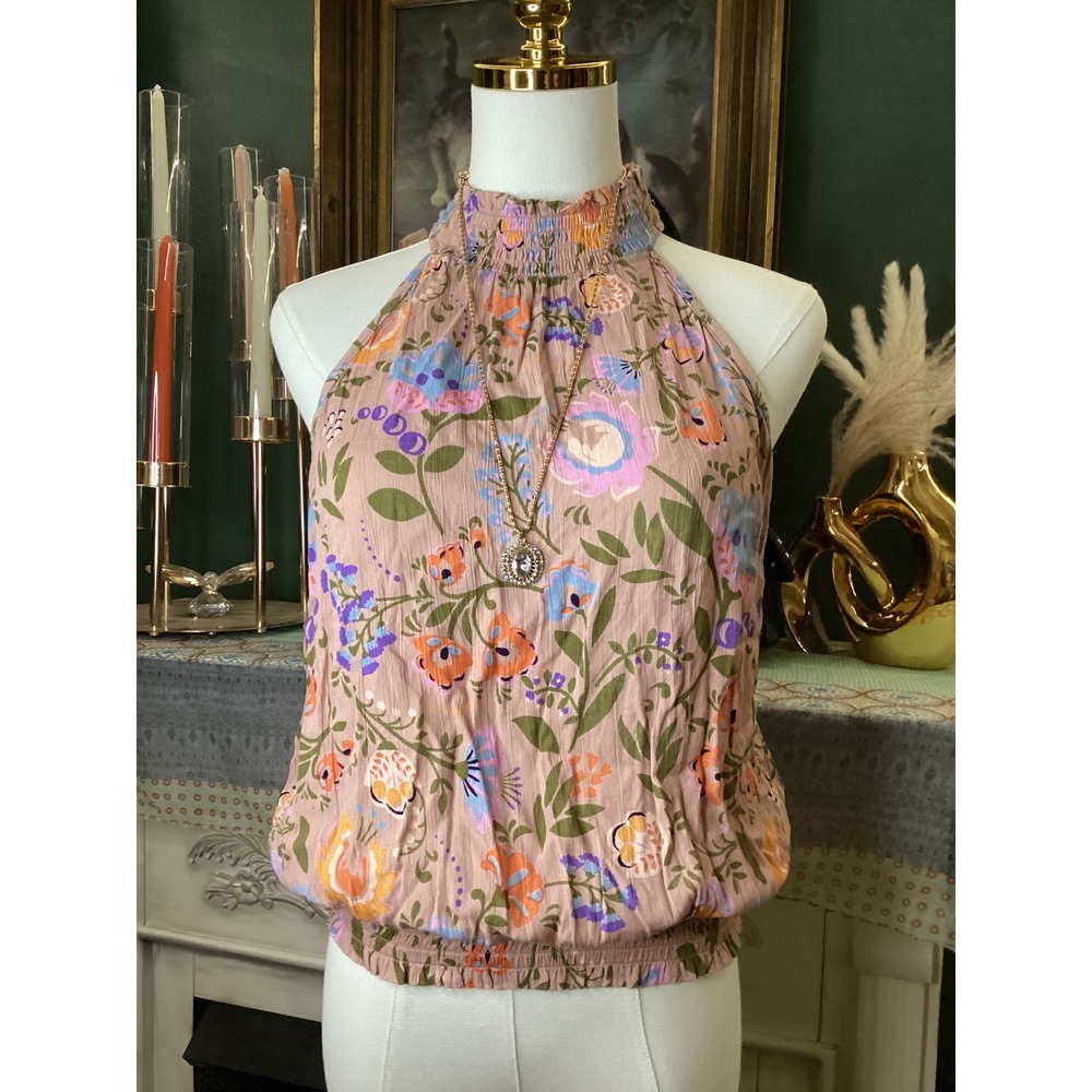 Gypsy Love Floral Halter Top Pink Smocked Neck Bubble Hem‎ Tank Large NWT